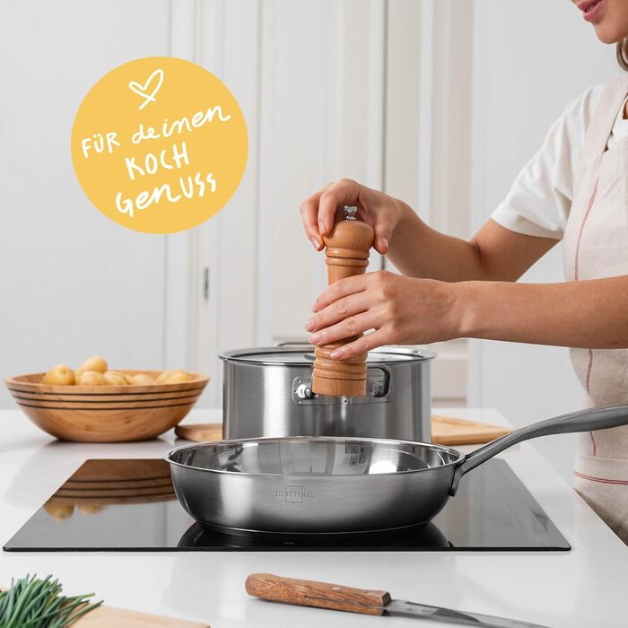 Набір з 3 сковорідок SILBERTHAL - Сковорідки з нержавіючої сталі без покриття - 20, 24 та 28 см - Сумісний з індукцією - Можна використовувати в духовці до 400C та мити в посудомийній машині Набір з 3 предметів 20, 24 28 см