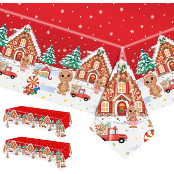 Різдвяні скатертини, одноразові різдвяні скатертини, великі прямокутні скатертини у формі Санта-Клауса, сніговика, обідні скатертини для різдвяної вечірки (137 x 274 см) (червоний фон пряниковий чоловічок), 2