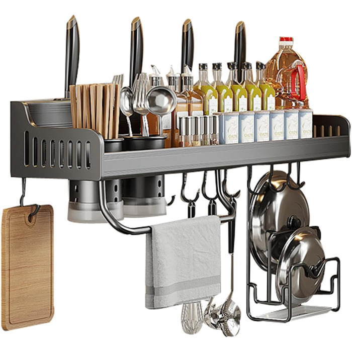 Підвісна підставка для спецій, настінне кріплення, підвісна підставка для горщиків, підставка для кухонного начиння з гачками, кухонна підставка для зберігання (40 см, 2 склянки) (Сірий, 50 см 2 склянки)