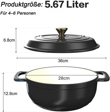 Чавунна жаровня 5,7 л з кришкою 28 см, чорна LEADZM