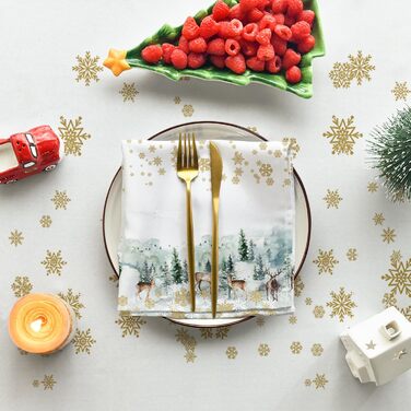 Різдвяна скатертина з золотими сніжинками та ялинками у формі оленів 140 x 110 см Artoid Mode