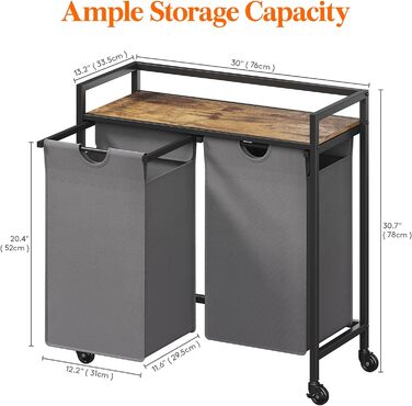 Сворачиваемая корзина для белья Lifewit, 95 л 2 выдвижные корзины для белья с верхней полкой и 2 семными сумками и ручками, сортировщик белья для прачечной, спальни, спальни, ванной комнаты и общежития, черный (76x33,5x78 см, деревенский коричневый серый)