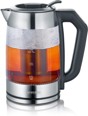 Стеклянный чайник и чайник SEVERIN, чайник с регулируемой температурой и временем заваривания, стеклянный чайник с предустановленными чайными программами, 3 000 Вт, нержавеющая сталь, WK 3479 (с ЖК-дисплеем, комплект с тостером 800 Вт нержавеющая сталь/че