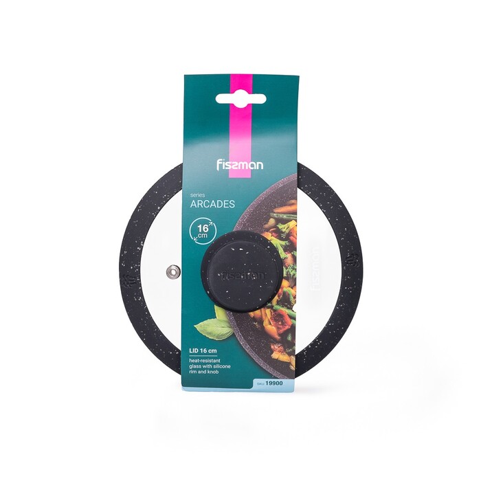 Кришка Fissman 16 см ARCADES з 'мармуровим' силіконовим обідком колір чорний скло (19900)