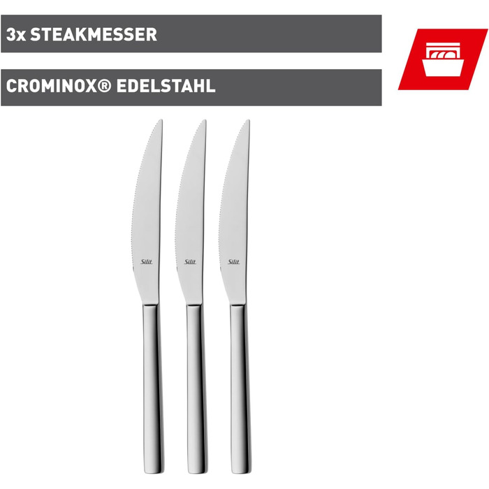 Набір ножів Silit Trend для стейків, 3 шт., 23,2 см. Ніж для стейків з нержавіючої сталі з серрейторною заточкою, ковані леза, ніж для піци. Міцні, стійкі до подряпин, можна мити в посудомийній машині.