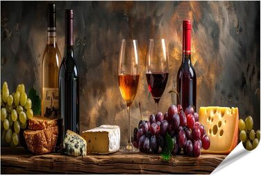 Полотно з друком сільського натюрморту з пляшками вина, келихами, виноградом, сиром, хлібом на дерев&39яному столі, картини, настінний художній постер (постер 90x60 см)