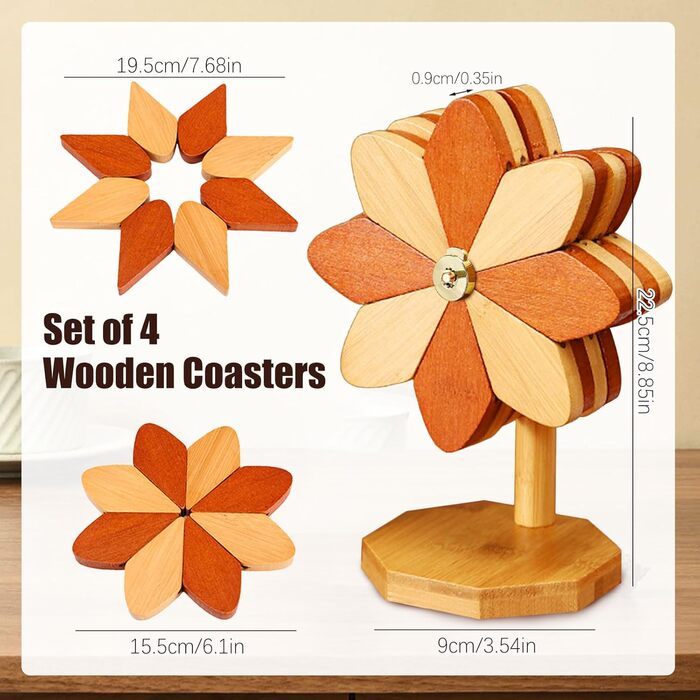 Набір з 4 дерев'яних підставок під гаряче з тримачем у формі вітряка, 5 предметів Qnynnty