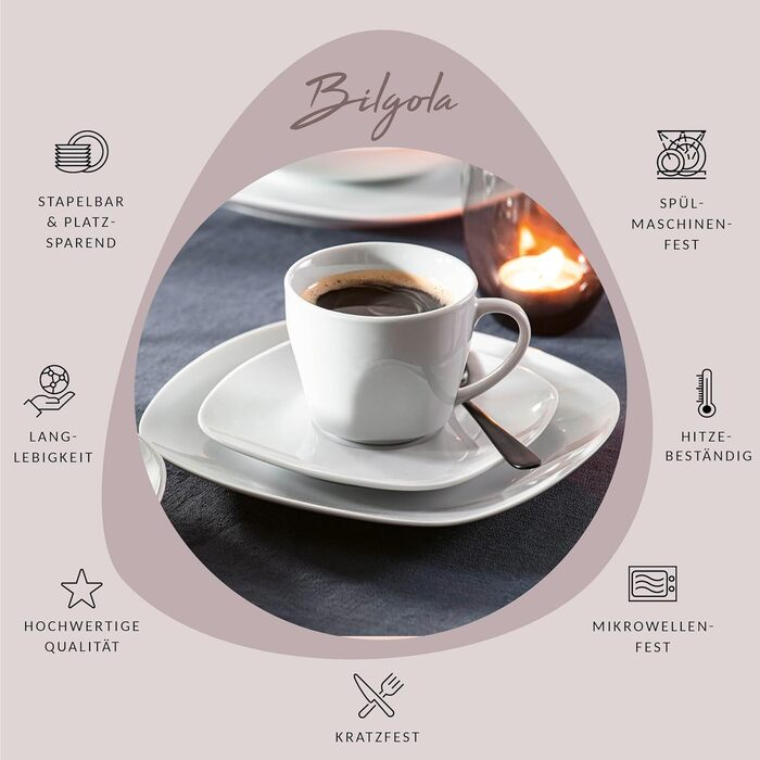 СПІВАЧКА Білий обідній сервіз Bilgola, порцеляновий набір посуду з 30 предметів на 6 персон, набір тарілок округлого дизайну, обідня тарілка (кавові чашки 12 шт. )