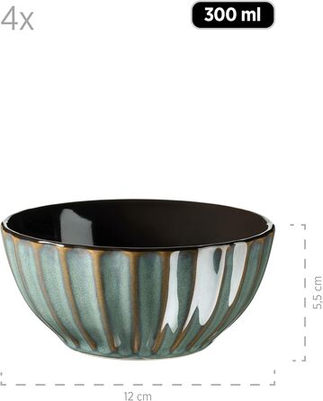 Набор посуды MSER серии 931966 Confino на 4 персоны в современном винтажном стиле, Сервиз для завтрака из 12 предметов из керамики бирюзового цвета с черными акцентами, Сервиз для кофе из керамогранита Teal