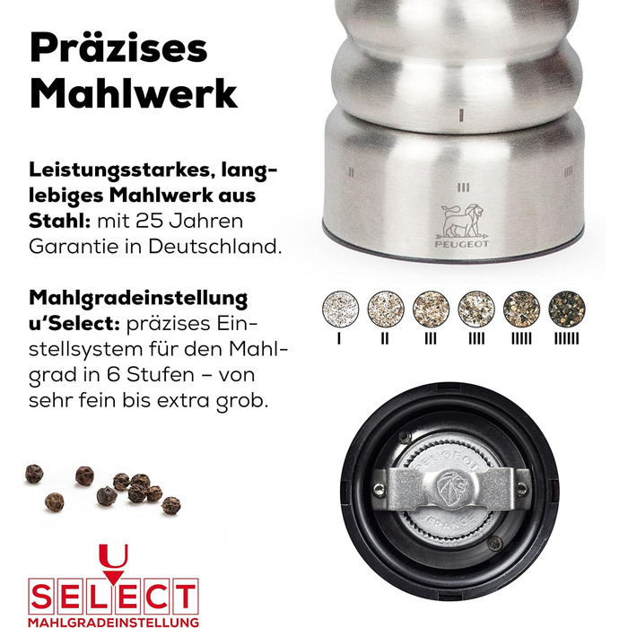 Паризький шеф-кухар u'Select 22 см Перець - Виготовлений з нержавіючої сталі - 6 попередньо встановлених помелів - (Млин для перцю, нержавіюча сталь)