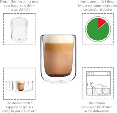 Співачка Келихи з подвійними стінками, набір келихів з 6 предметів, келихи для капучино з подвійними стінками, термосклянки для кави 330 мл без ручки