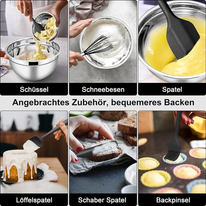 Чаша Herogo с крышкой, набор салатников из нержавеющей стали из 5 шт., размер 4,5 л / 2,7 л / 1,5 л / 1,2 л / 0,7 л, штабелируемая миска для смешивания и сервировки на кухне, включая принадлежности для выпечки, можно мыть в посудомоечной машине (черный)