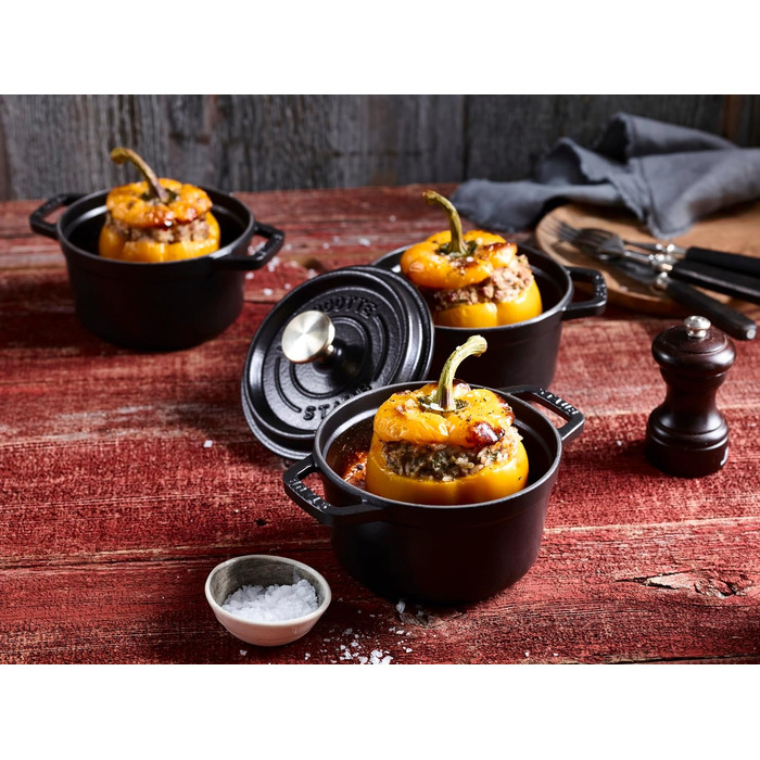 Чавунна каструля/кокотниця STAUB, кругла, 8,35 л, функція Ароматичний дощ для оптимального зволоження, для всіх типів варильних поверхонь, включаючи індукційну та духовку, (чорна, 12 см)