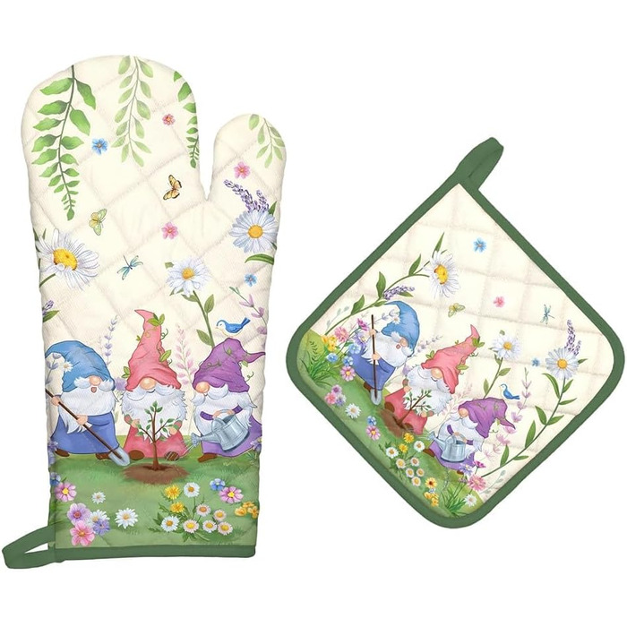 Набір з 2 різдвяних рукавиць для духовки та підставки для каструлі Arquiel, 100 бавовняні кулінарні рукавички, термостійкі кухонні рукавички для приготування їжі, різдвяні подарунки для жінок (гном, рукавичка для духовки підставка для каструлі)