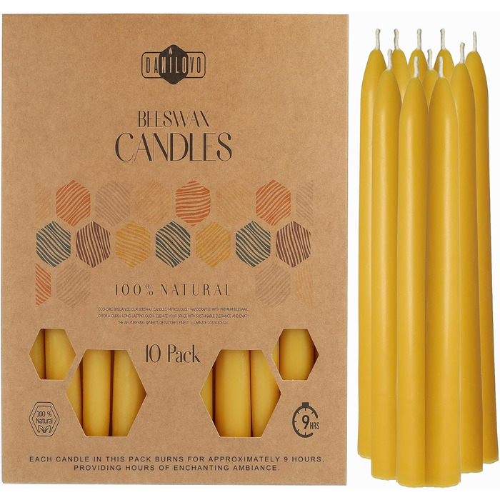 Свічки з бджолиного воску Danilovo - Натуральні, екологічно чисті, довгогорючі свічки з бджолиного воску для будь-якої нагоди та свічник - Свічки з ароматом меду, з чистого бджолиного воску (10,25 см)