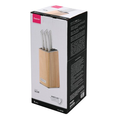 Набір ножів Fissman 6 предметів ULM у дерев`яній підставці з вбудованим точилом (2743)