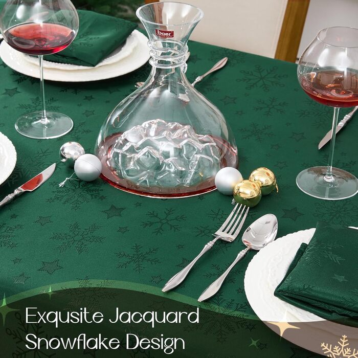 Велика різдвяна скатертина Romanstile, яку можна прати та вона водовідштовхувальна, жакардові зірки та сніжинки, квадратна скатертина XXL для зими, різдвяної прикраси, вечірки, Різдва (140 x 240 см, темно-зелена)