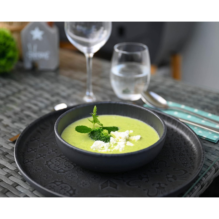 Серії Плитка Сучасний вінтажний набір посуду для 2 осіб у мавританському дизайні з матовою глазур'ю, столовий сервіз із 8 предметів із тарілками та мисками з високоякісної кераміки, керамограніту, чорного кольору, 934064