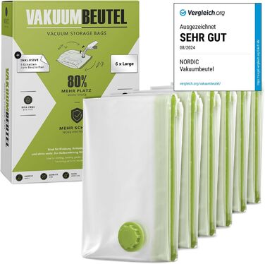 Вакуумні пакети для закочування - 10 шт. у 3 розмірах - Практичні компресійні мішки - Багаторазові сумки для зберігання в подорожах - без пилососа (6 шт. - Великий (80 x 60 см))