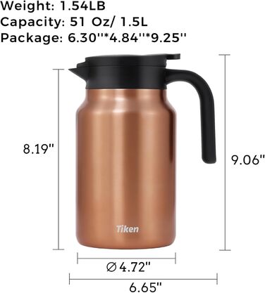 Термоглечик для кави 1,5 л з двостінної нержавіючої сталі, мідний Tiken