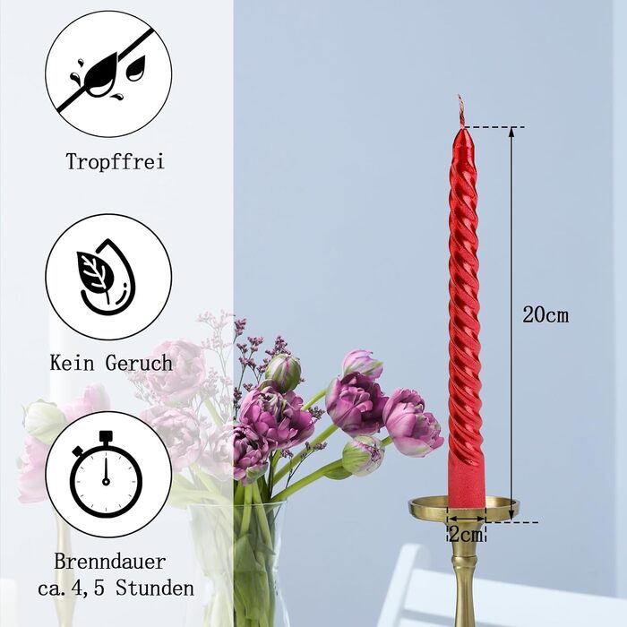 Набір з 4 конічних спіральних свічок 2 x 20 см, червоний Bolosa