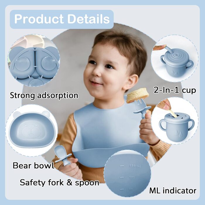 Силіконовий набір дитячого столового посуду Bizcasa з 9 предметів, нековзкий набір дитячого столового посуду, дитячий столовий посуд із присоскою, нековзна дитяча миска, дитяча тарілка, дитячий набір столових приборів для малюків, без бісфенолу А (синій)