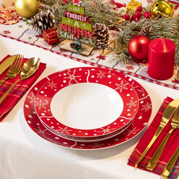 Серія 30-предметний порцеляновий різдвяний набір посуду на 6 осіб, різдвяний кавовий сервіз на 6 обідніх тарілок, 6 десертних тарілок, 6 супових тарілок, 6 кавових чашок та 6 блюдець (Санта Клаус, обідній сервіз на 18 осіб)