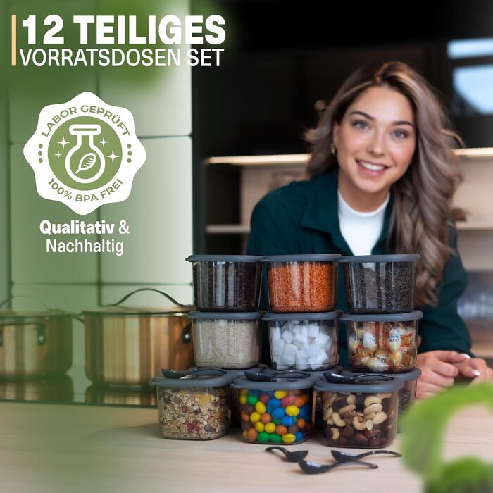 Банки для хранения с герметичными крышками Набор из 24 контейнеров для хранения БЕЗ БИСФЕНОЛА А Для мюсли, хранения муки и сахара Практичный кухонный ящик для хранения всех продуктов (антрацит 0,550 мл)