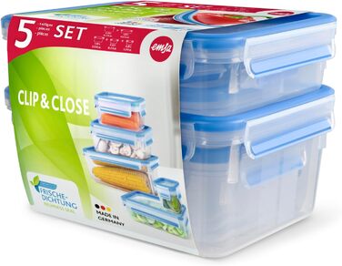 Набір контейнерів для зберігання харчових продуктів EMSA Clip & Close, прямокутні, 5 x 0,8 л, коробки для зберігання, 100 герметичні, придатні для миття в посудомийній машині, морозильної камери та мікрохвильової печі, прозорі, сині, зроблені в Німеччині,
