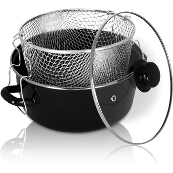 Емальована каструля 3,5 л для картоплі фрі з ставкою-сітом та скляною кришкою 24 см, чорна Krüger