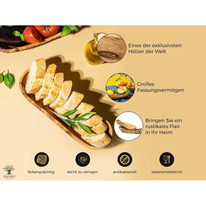 Багетна хлібниця з оливкового дерева - Миска для закусок довгаста - Сільська дерев'яна миска - Декоративна миска - Миска для фруктів - Миска ручної роботи - Миска для ювелірних виробів - Універсальна миска (2, 25-29 см)