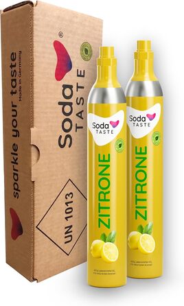 Набір із 2 змінних CO2-балонів SodaTASTE (змінний) для газованок, з натуральним м&39ятним смаком, без сиропу, для приготування до 120 л ароматизованої газованої води, без цукру (УВАГА потрібні 2 порожні балони) (лимон)