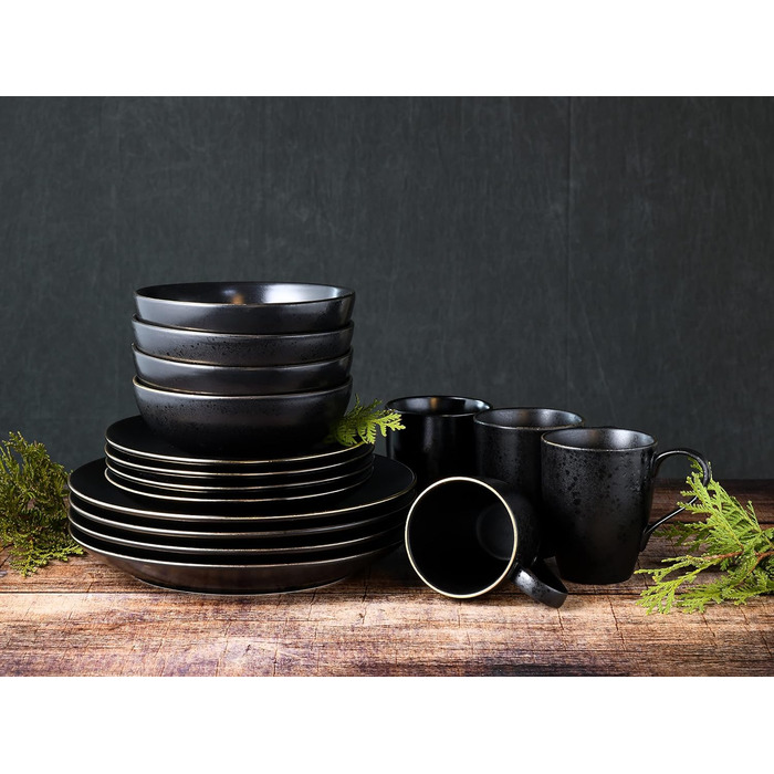 Набір посуду на 4 персони, 16 предметів, чорний Industrial Gold Black Creatable