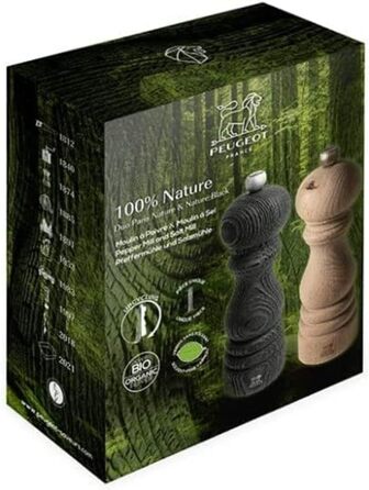 Подарочный набор Line - Мельница для перца Мельница для соли 12 см Воронка для специй - Классическая регулировка помола - Алюминий Сертифицированная PEFC древесина - Карбоновые краски (Paris Nature)