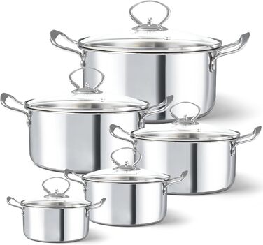 Набор из 5 кастрюль из нержавеющей стали со стеклянными крышками, светло-серебристый HOUSLUX