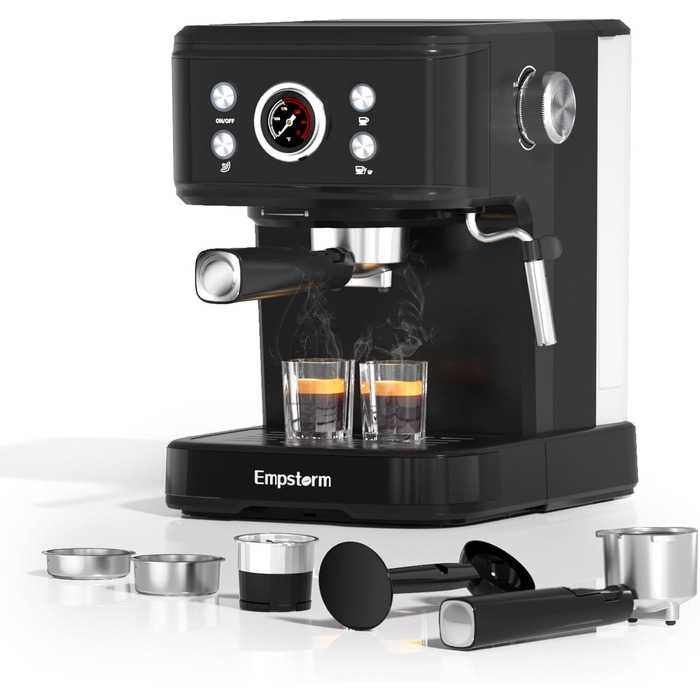 Кавомашина Empstorm з портафільтром для еспресо та піноутворювачем, еспресо-машина на 20 барів з портафільтром, еспресо-машина 2 в 1 для порошку та капсул, резервуар для води 1,5 л, кавоварка з портафільтром, білий (чорний)