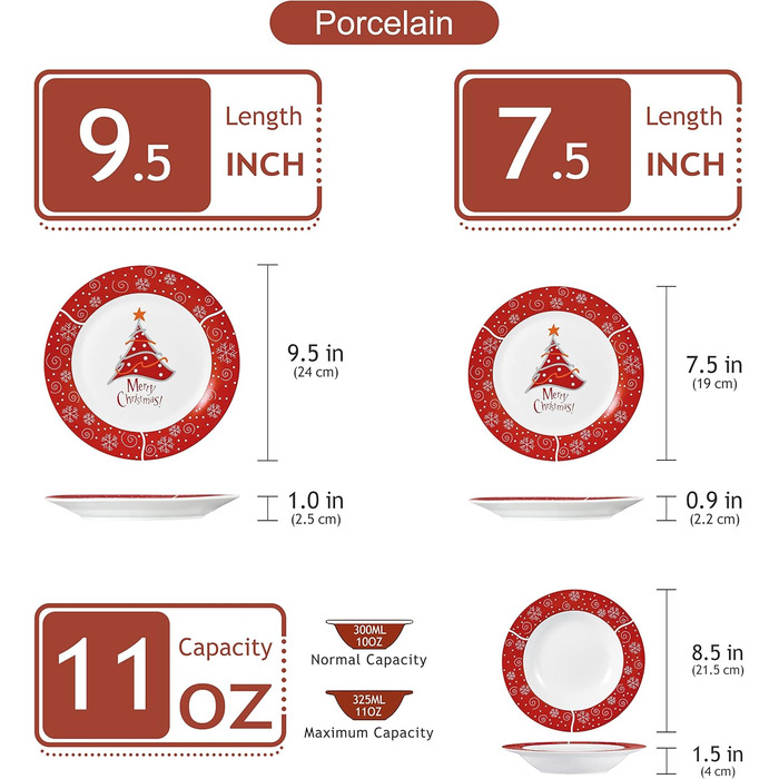 Серія 30-предметний порцеляновий різдвяний набір посуду на 6 осіб, різдвяний кавовий сервіз на 6 обідніх тарілок, 6 десертних тарілок, 6 супових тарілок, 6 кавових чашок та 6 блюдець (Christmastree-1, обідній сервіз на 18 предметів)