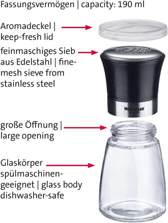 Дисплей Westmark, Вміст 6 дозаторів, Ємність 190 мл кожен, Скло/Нержавіюча сталь/Пластик, Прозорий/Чорний/Сріблястий, 63592611 (Шейкери для цукрової пудри, , прозорі/чорні/сріблясті)