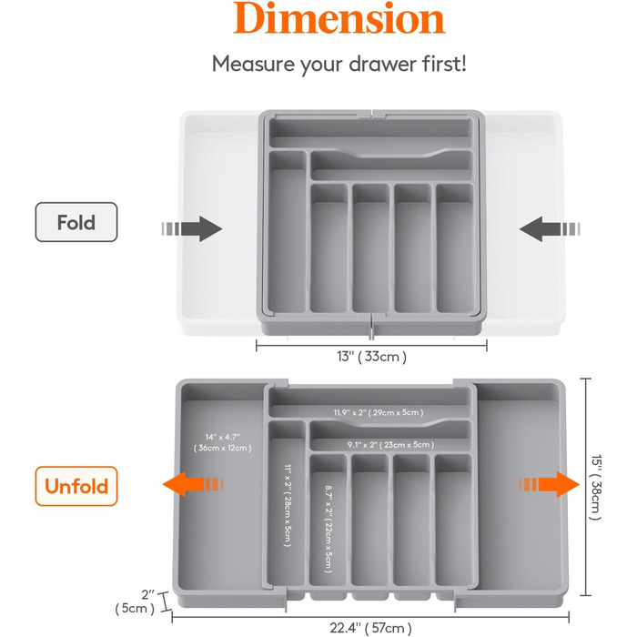 Органайзер для столовых приборов 57 х 38 см для выдвижных ящиков, 9 отделений, серый Lifewit