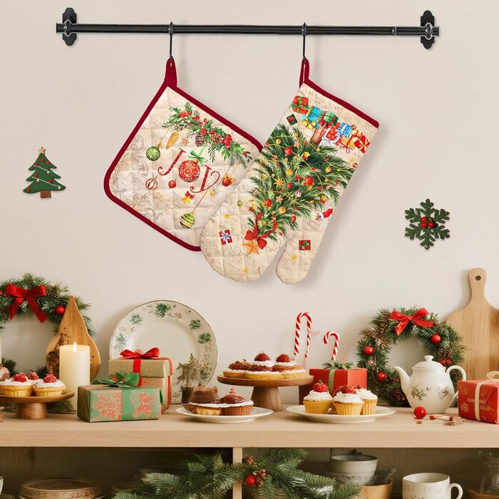 Набір з 2 різдвяних рукавичок для духовки та підставок для каструль Arquiel, 100 бавовняні кулінарні рукавички, термостійкі кухонні рукавички для приготування їжі, різдвяний декор для кухні, подарунки для жінок (різдвяна ялинка 01, рукавички для духовки п