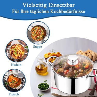 Каструля HaWare, індукційна каструля з 3-шарової нержавіючої сталі, каструлі об&39ємом 3,3 л, каструля для пасти зі скляною кришкою для всіх плит, каструля для супу, каструля для м&39яса, здорова та без покриття, придатна для миття в посудомийній машині (