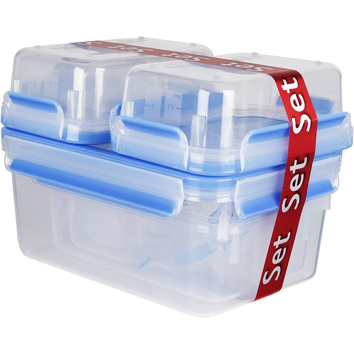Набір контейнерів для зберігання харчових продуктів EMSA Clip & Close, прямокутні, 5 x 0,8 л, коробки для зберігання, 100 герметичні, придатні для миття в посудомийній машині, морозильної камери та мікрохвильової печі, прозорі, сині, зроблені в Німеччині,