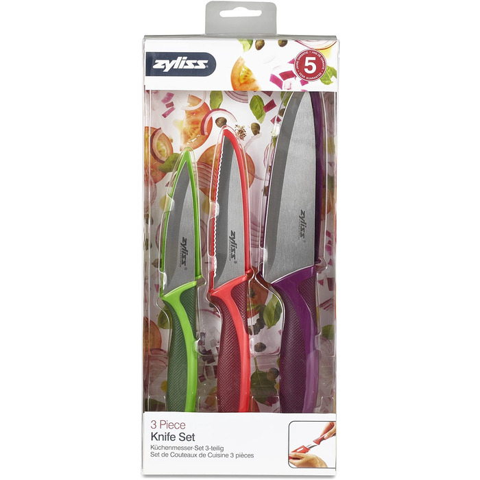 Набор ножей Zyliss E72404 3 шт., 9 см / 10 см / 14 см, зеленый/красный/фиолетовый, набор кухонных ножей Универсальный нож / нож для очистки овощей / нож для очистки овощей / нож для очистки овощей, 5 лет гарантии Набор из 3 ножей
