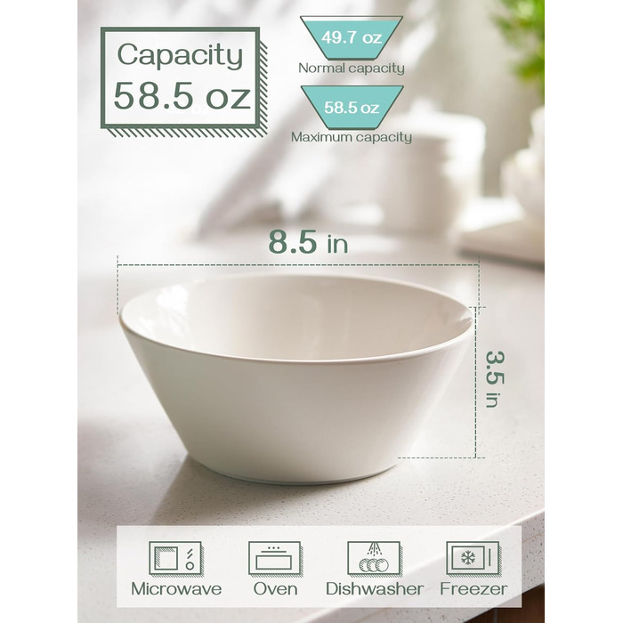 Набір салатників DOWAN, 950 мл / 32 унції Миски для супу, Круп'яна миска Велика, Великий діаметр Миски для супу, Порцеляновий набір мисок, Рамен Боул, білий, Упаковка з 4 шт. (1730 мл)