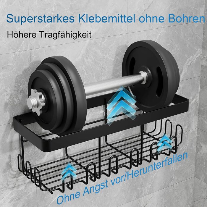 В-1 Покращена полиця для душу з нержавіючої сталі Вантажопідйомність 15 кг Потовщення 10 мм Висота 6 см 22 гачки Нержавіючий органайзер для кутової полиці для душу, без свердління - міцні клейкі прокладки, чорний (чорний), 3-