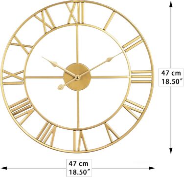 Великий круглий металевий настінний годинник у вінтажному стилі з безшумним нецокаючим годинником на батарейках 40 см, 16-дюймовий римський циферблат, годинники для вітальні, спальні, кухні, настінний годинник-прикраса (золотий, 47 см)