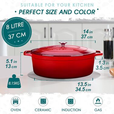 Чавунна сковорода Vancasso, чавунна каструля з кришкою, емальоване покриття об&39ємом 5 л, індукційна каструля, каструля, чавунна сковорода для всіх типів плит, підходить для індукції, кругла, кремово-біла, 5 л біла (червона, 37 см)