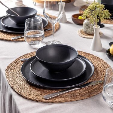 Набір посуду із керамограніту на 6 персон, 18 предметів, чорний матовий Nortea