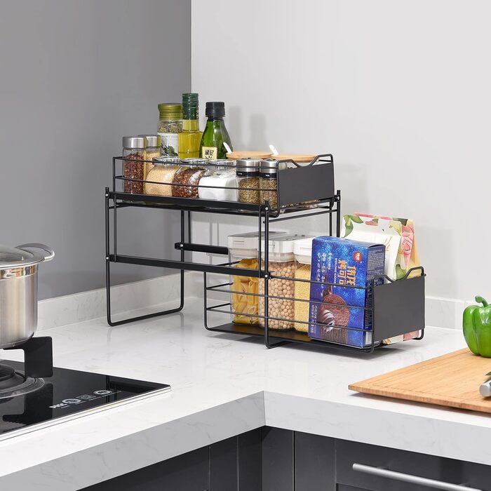 Рівневий органайзер для кухонних шаф, нижня полиця шафи, органайзер для зберігання ящиків, полиця для шухляд, полиця під раковиною для кухні, ванної кімнати, офісу, шафи чорна, 2-