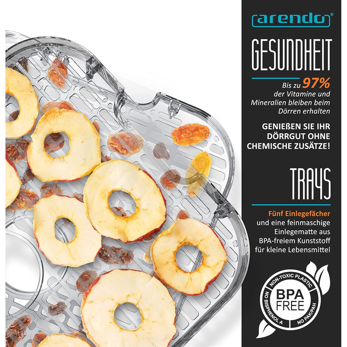 Дегидратор с контролем температуры - Дегидратор Edelsthl для продуктов питания, мяса, фруктов, овощей - 260 Вт - с таймером до 72 ч - 35-70 Grd - 5 полок - GS - Дегидртор - BP free (B)